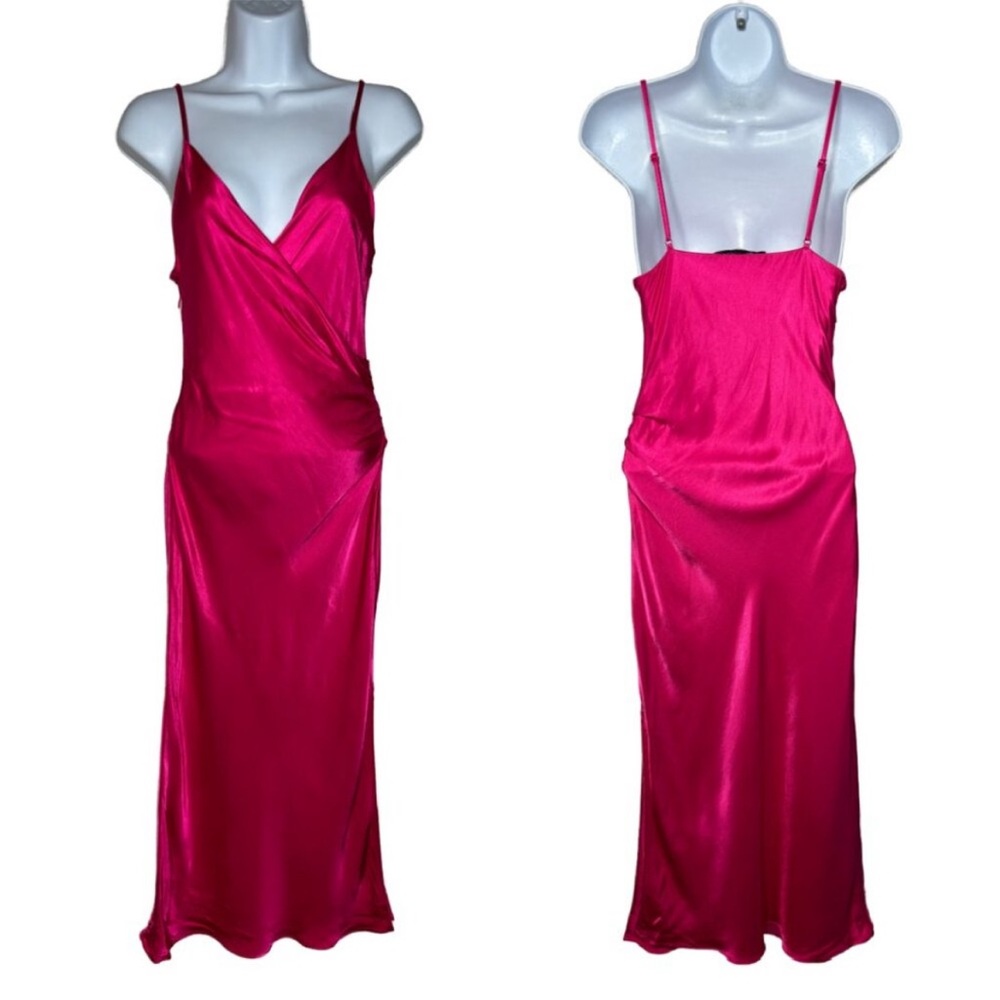 Zara hot pink satin midi dress fuchsia magenta berry silky faux wrap knee slit - Picture 13 of 14
